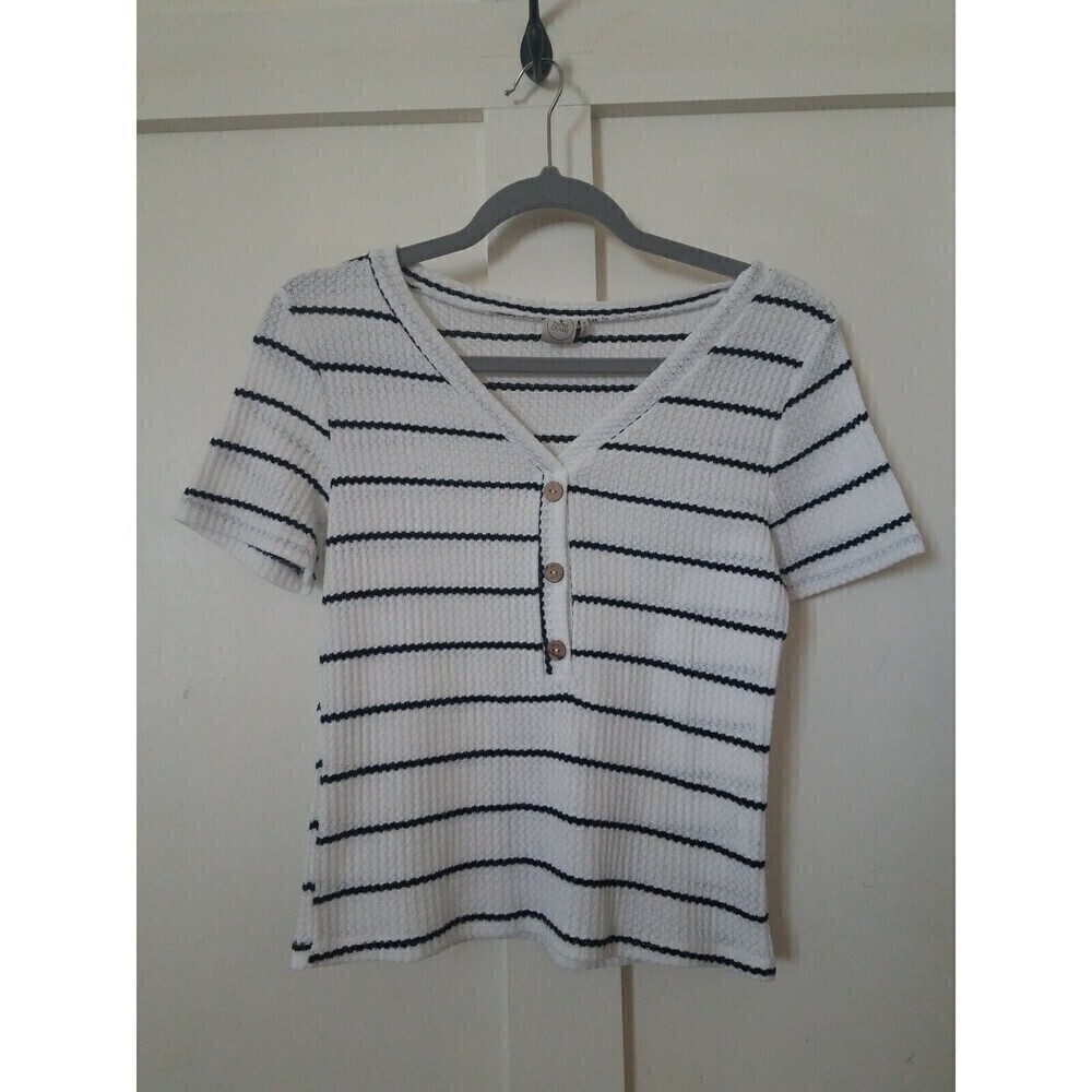 Paper Crane Blouse Small White Black stripe Short Sleeve
